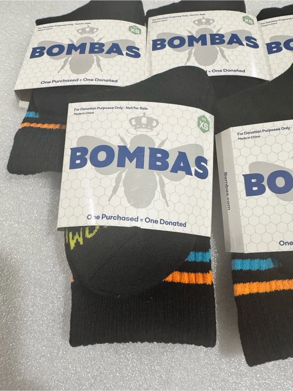 5 Pairs Bombas Kids Crew Athletic Socks - Black with Blue & Orange Stripes